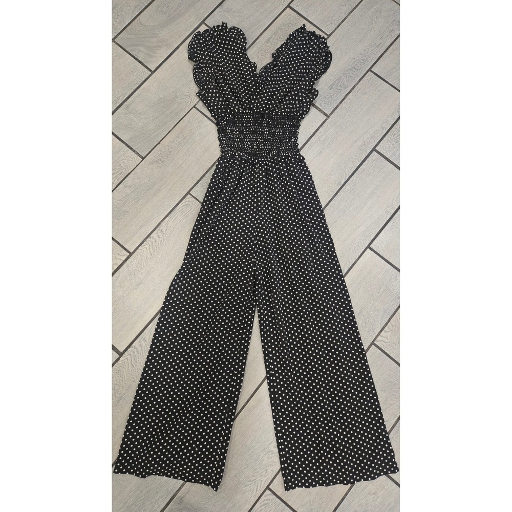 Max Studio Polka Dot Wide Leg Jumpsuit Black White Smocked Waist Ruffle V-Neck L